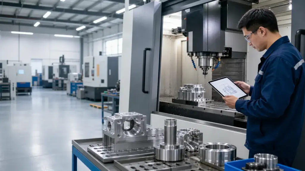 China CNC machining workshop with engineer reviewing drawing beside machined parts
